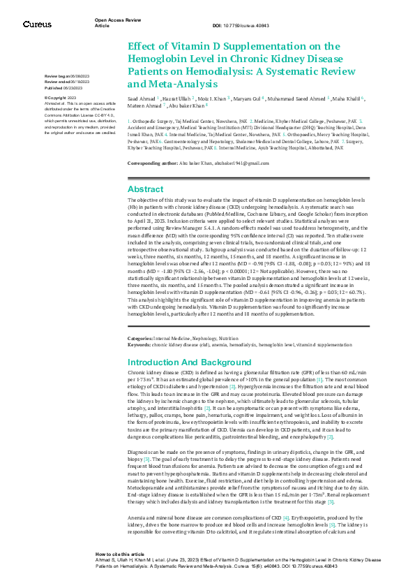 (PDF) Effect of Vitamin D Supplementation on the Hemoglobin Level in ...