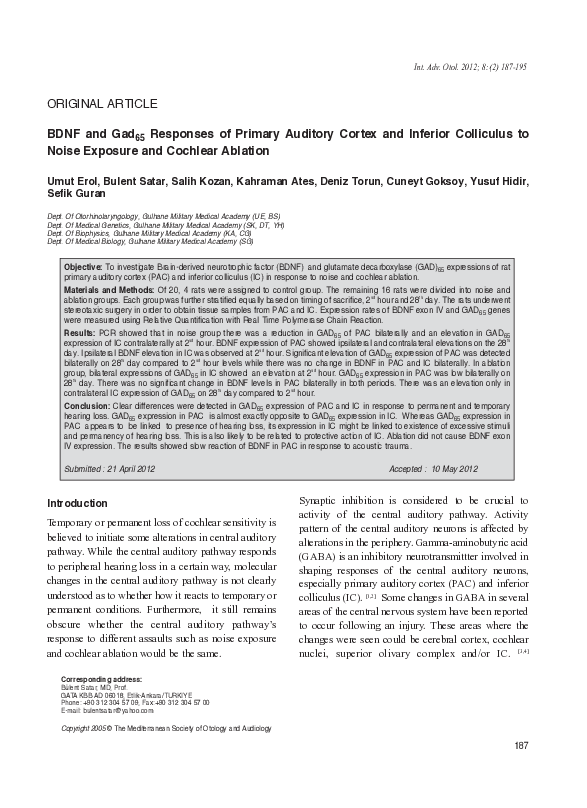(PDF) BDNF and Gad 65 Responses of Primary Auditory Cortex and Inferior ...