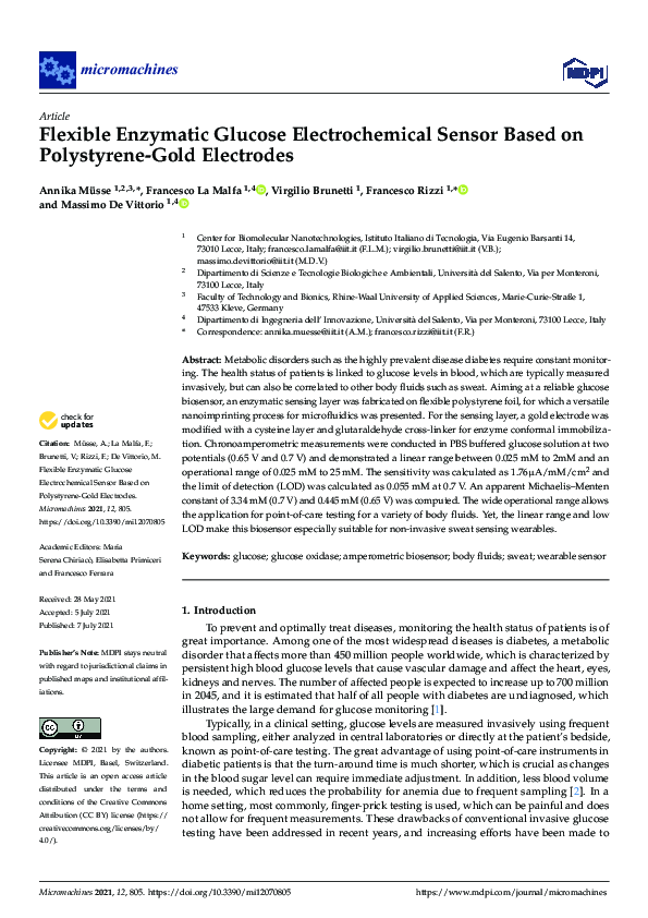 (PDF) Flexible Enzymatic Glucose Electrochemical Sensor Based on ...