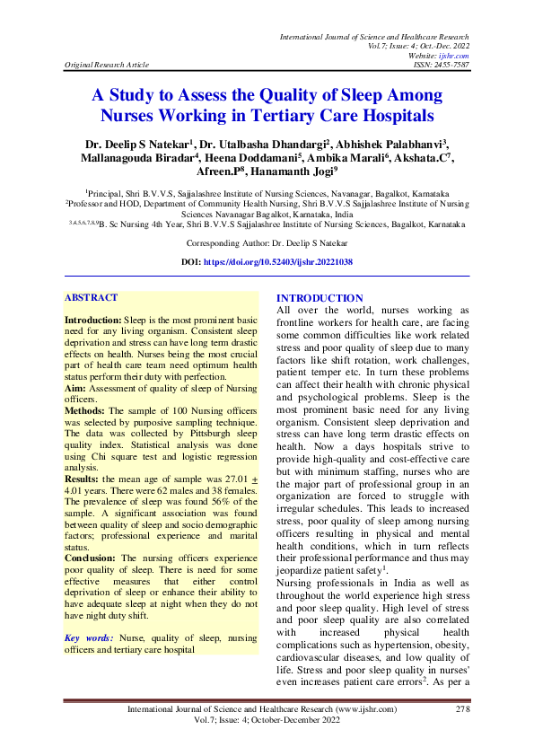 (PDF) A Study to Assess the Quality of Sleep Among Nurses Working in ...