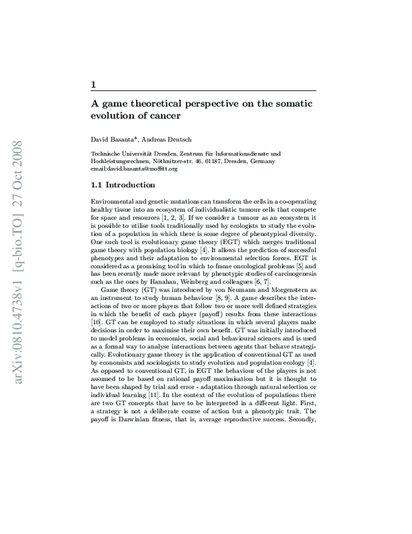 (PDF) A Game Theoretical Perspective on the Somatic Evolution of cancer