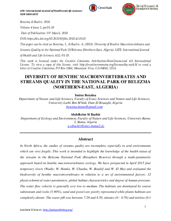 (PDF) Diversity of Benthic Macroinvertebrates and Streams Quality in ...