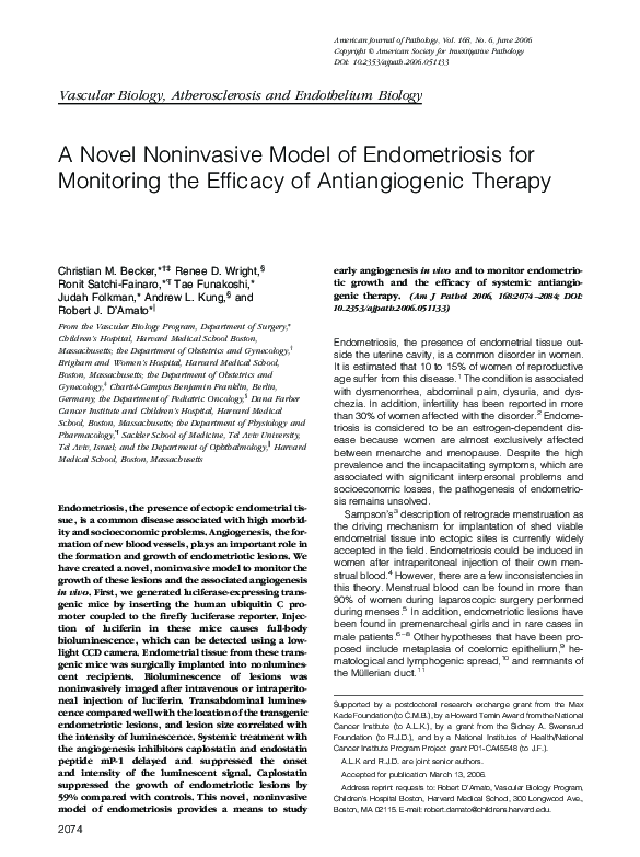 (PDF) A Novel Noninvasive Model of Endometriosis for Monitoring the ...