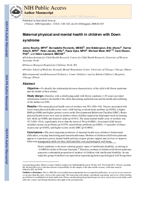 (PDF) Physical and Mental Health in Mothers of Children with Down Syndrome