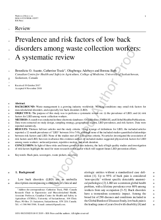 (PDF) Prevalence and Risk Factors of Low Back Disorder among Waste ...