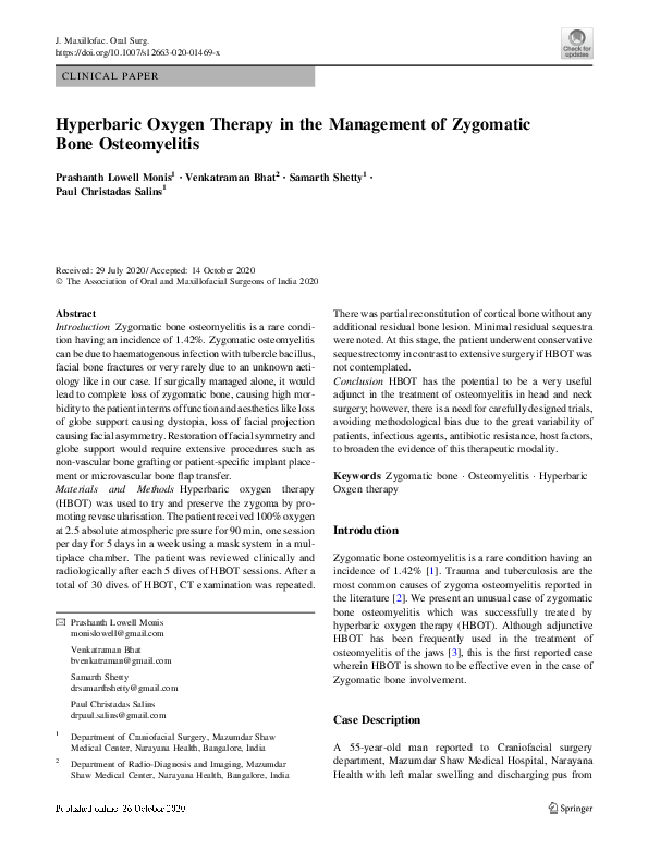 (PDF) Hyperbaric Oxygen Therapy in the Management of Zygomatic Bone ...