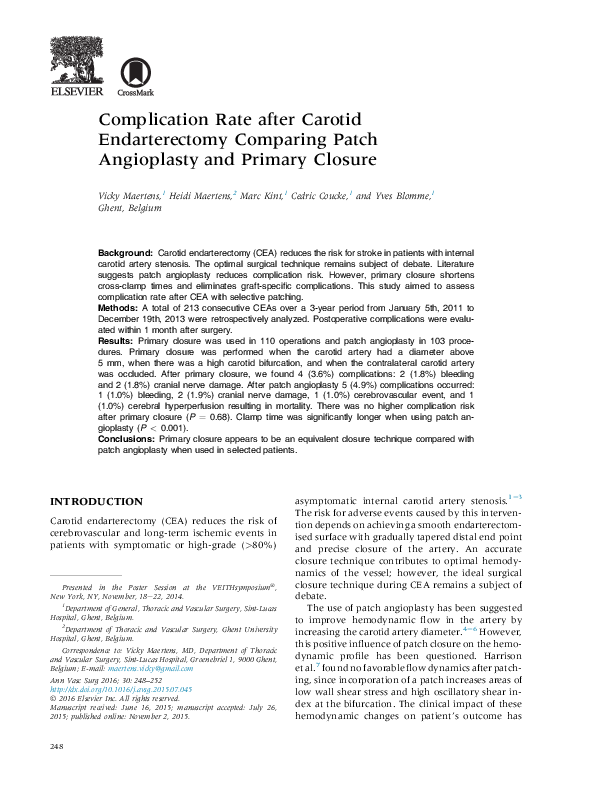 (PDF) Complication Rate after Carotid Endarterectomy Comparing Patch ...