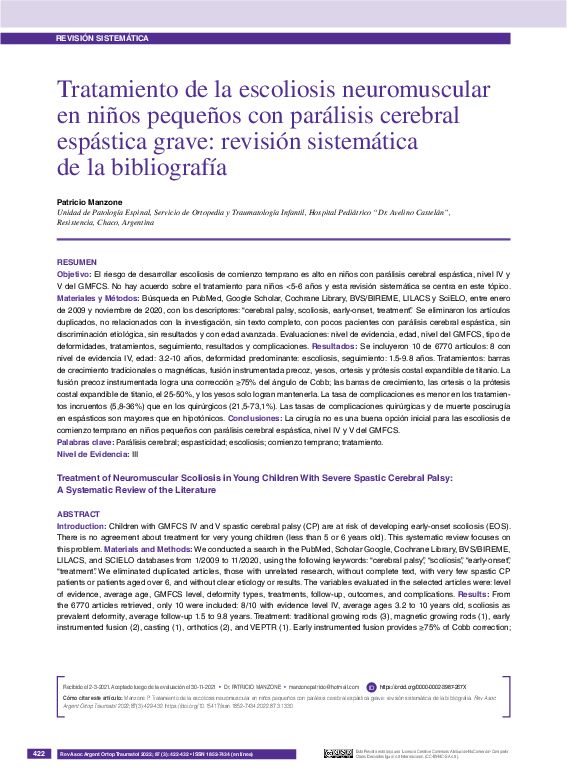 Tratamiento de la escoliosis neuromuscular en niños pequeños con parálisis cerebral espástica grave: revisión sistemática de la bibliografía