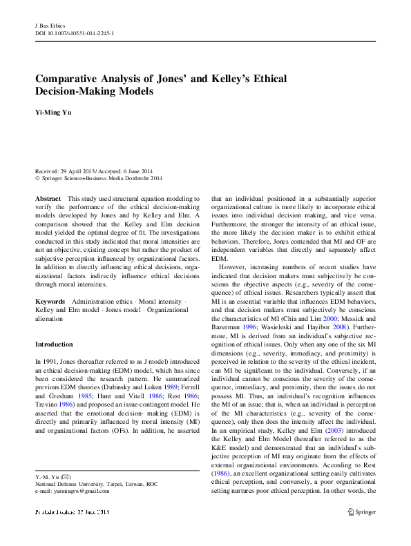 (PDF) Comparative Analysis of Jones’ and Kelley’s Ethical Decision ...
