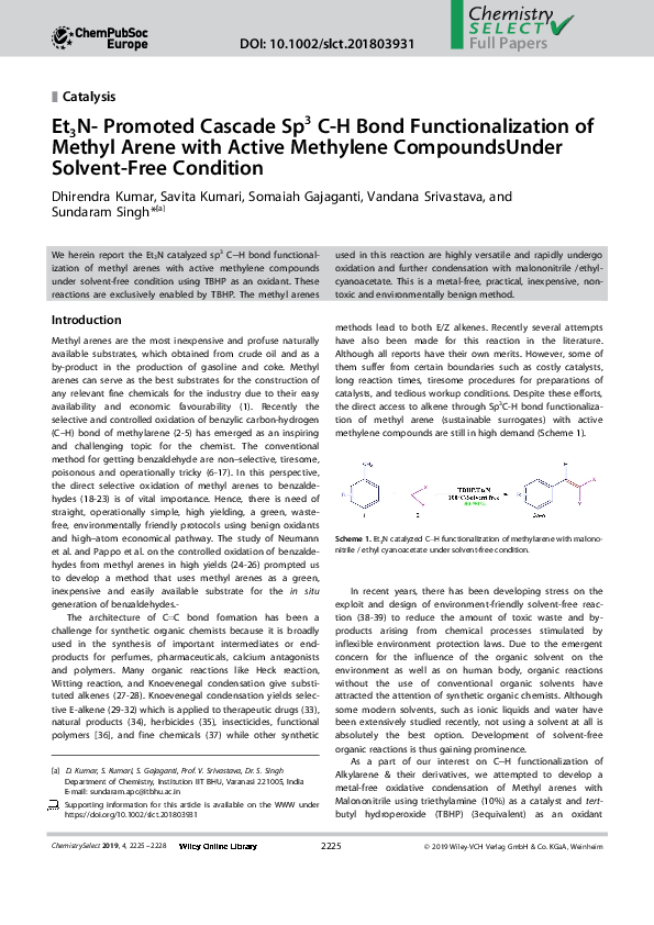 (PDF) Et3N- Promoted Cascade Sp3C-H Bond Functionalization of Methyl ...