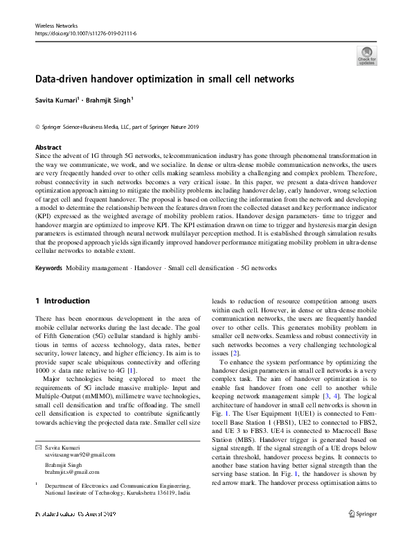 (PDF) Data-driven handover optimization in small cell networks