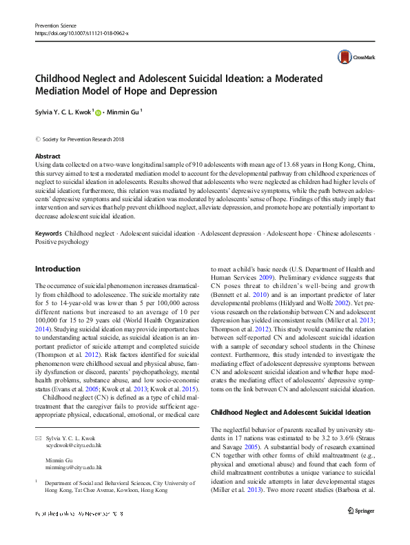 (PDF) Childhood Neglect and Adolescent Suicidal Ideation: a Moderated ...