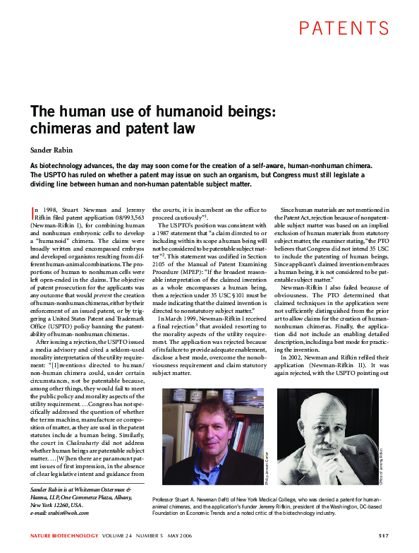 (PDF) The human use of humanoid beings: chimeras and patent law