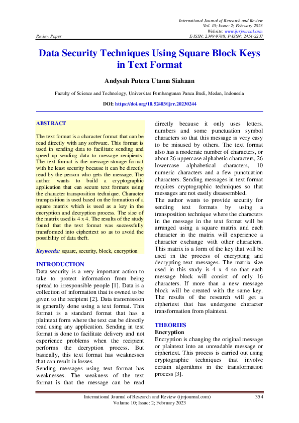 (PDF) Data Security Techniques Using Square Block Keys in Text Format