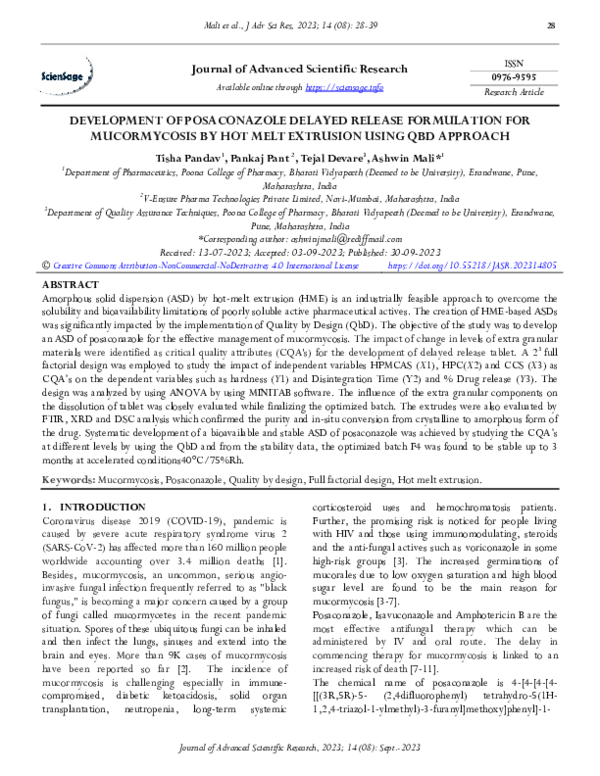 (PDF) Dr DEVELOPMENT OF POSACONAZOLE DELAYED RELEASE FORMULATION FOR ...