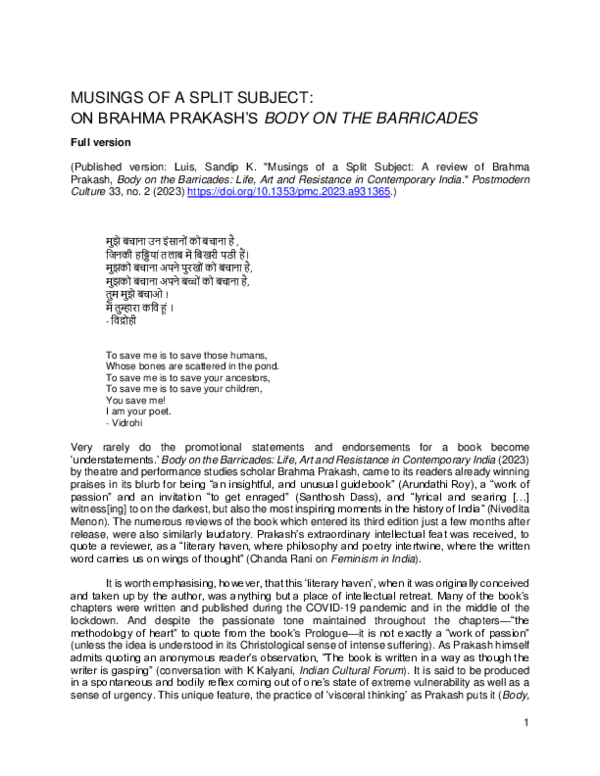 (PDF) MUSINGS OF A SPLIT SUBJECT: ON BRAHMA PRAKASH'S BODY ON THE ...