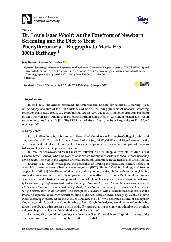 (PDF) Dr. Louis Isaac Woolf: At the Forefront of Newborn Screening and ...