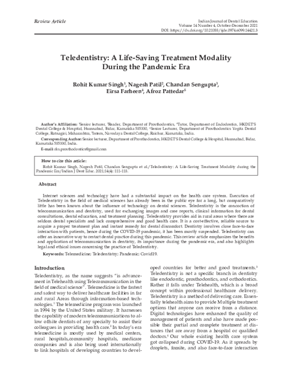 (PDF) Teledentistry: A Life-Saving Treatment Modality During the ...