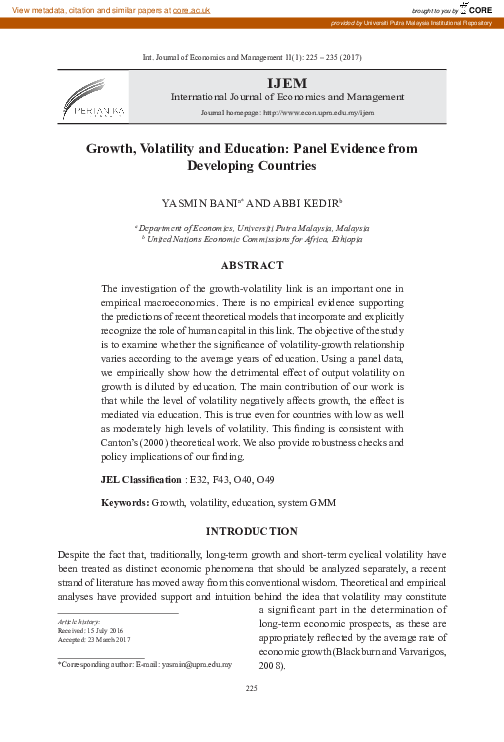 (PDF) Growth, volatility and education: panel evidence from developing ...