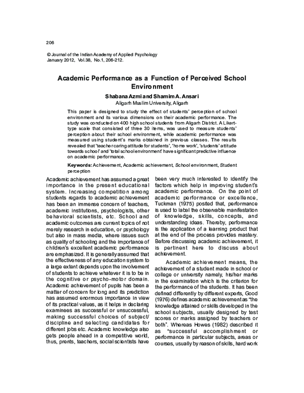 (PDF) Academic Performance as a Function of Perceived School Environment