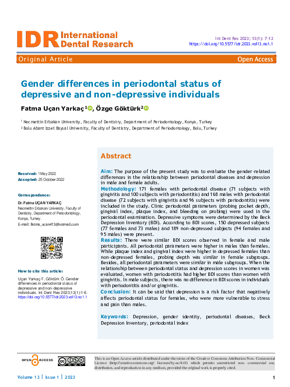 (PDF) Gender differences in periodontal status of depressive and non ...