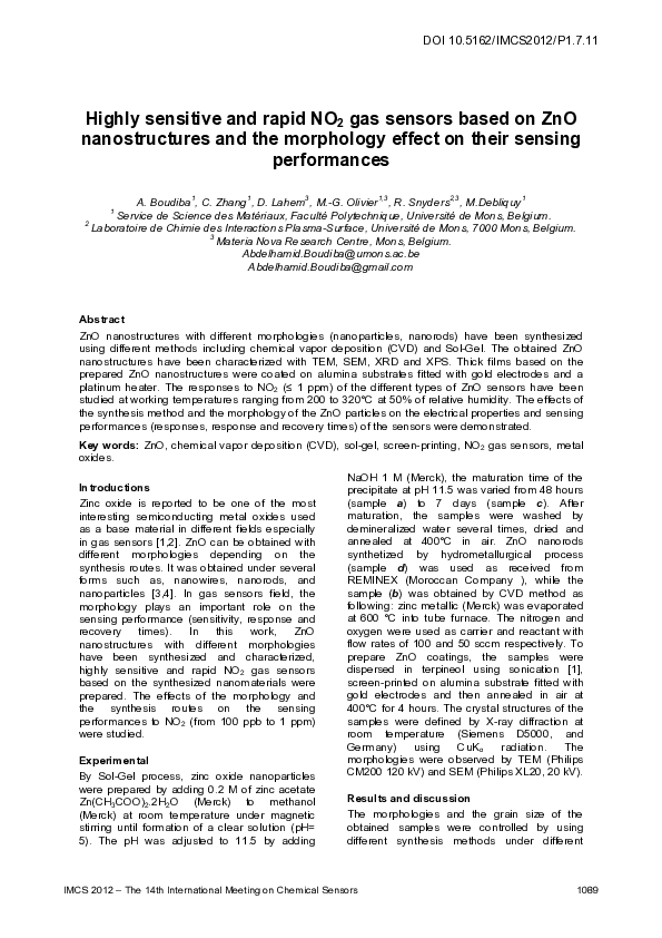 (PDF) P1.7.11 Highly sensitive and rapid NO2 gas sensors based on ZnO ...