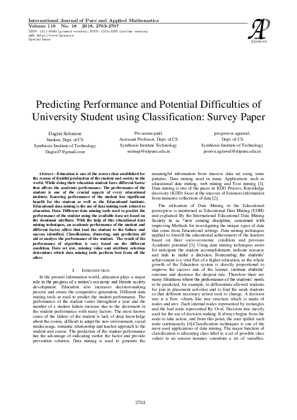 (PDF) Predicting Performance and Potential Difficulties of University ...