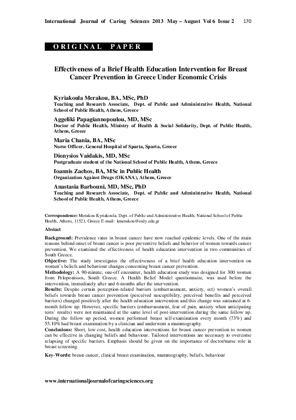 (PDF) Effectiveness of a Brief Health Education Intervention for Breast ...