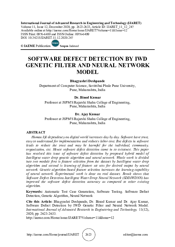 (PDF) Software Defect Detection by Iwd Genetic Filter and Neural ...