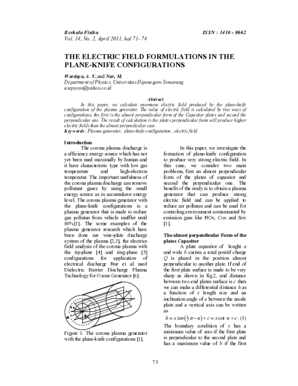 (PDF) The Electric Field Formulations in the Plane-Knife Configurations