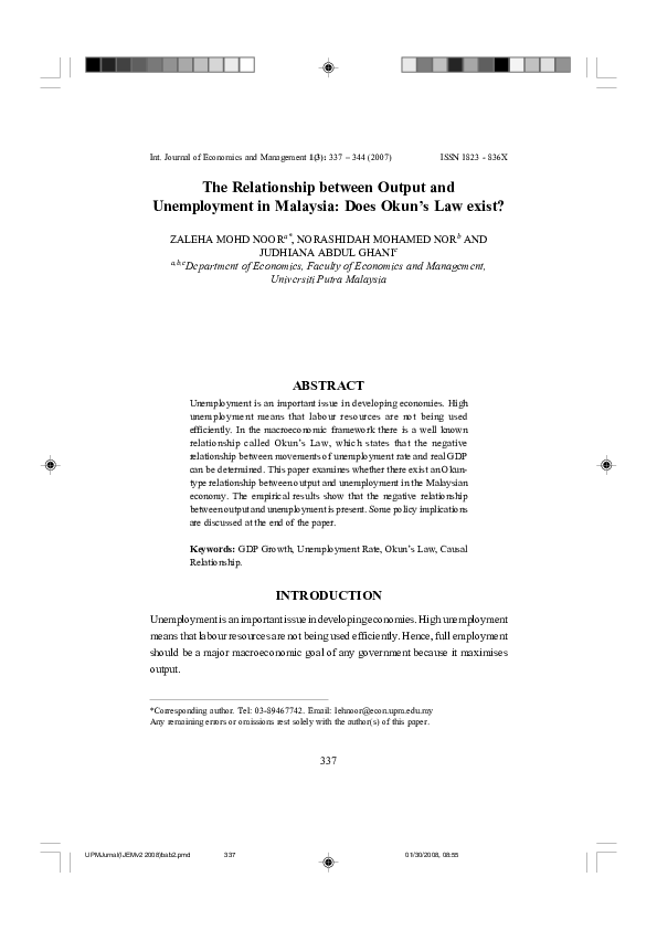The relationship between output And unemployment in Malaysia: does Okun’s Law exist?