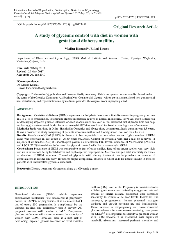 (PDF) A study of glycemic control with diet in women with gestational ...