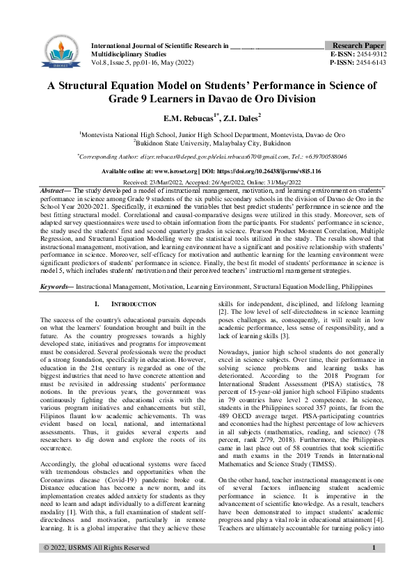(PDF) A Structural Equation Model on Students' Performance in Science ...