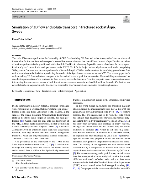 (PDF) Simulation of 3D flow and solute transport in fractured rock at ...