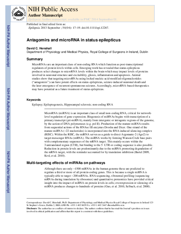 (PDF) Antagomirs and microRNA in status epilepticus