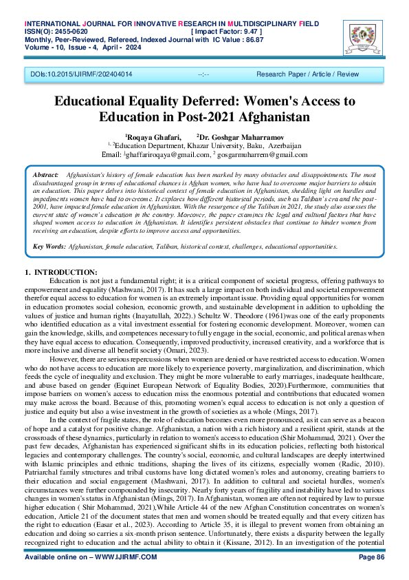 (PDF) Educational Equality Deferred: Women's Access to Education in ...