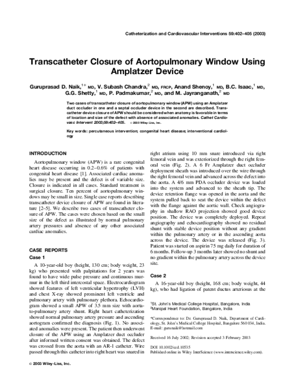 (PDF) Transcatheter closure of aortopulmonary window using Amplatzer device