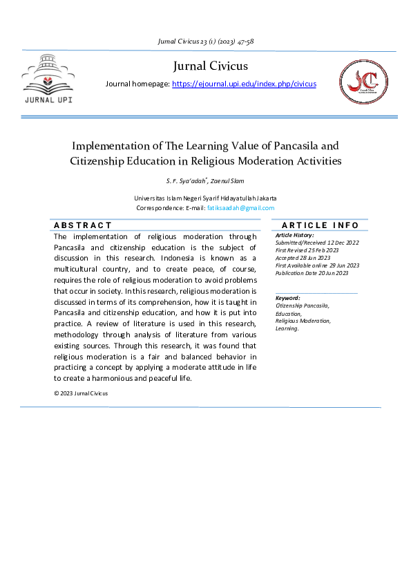 (PDF) Implementation of The Learning Value of Pancasila and Citizenship ...
