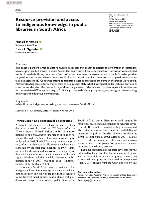 (PDF) Resource provision and access to indigenous knowledge in public ...