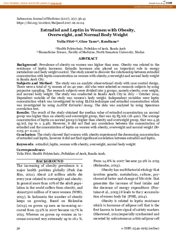 (PDF) Estradiol and Leptin in Women with Obesity, Overweight, and ...