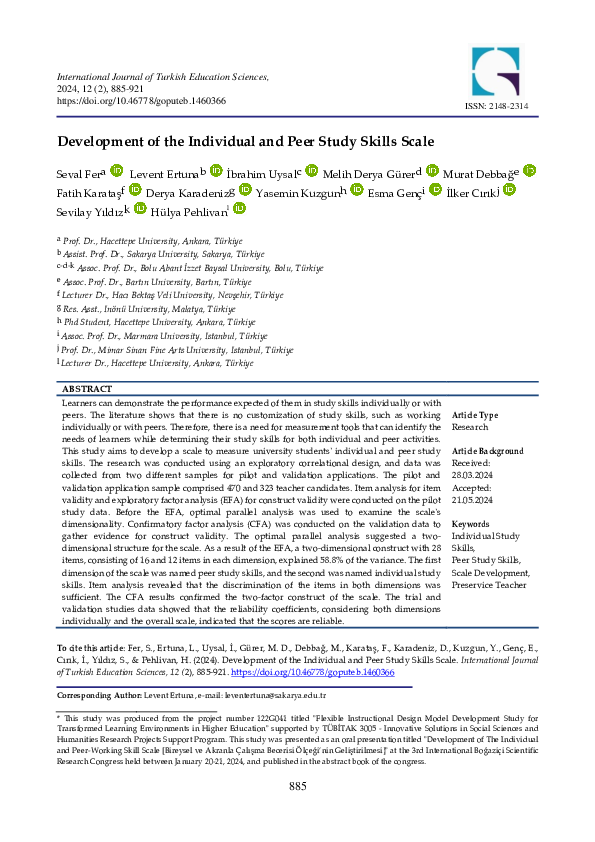 (PDF) Development of the Individual and Peer Study Skills Scale