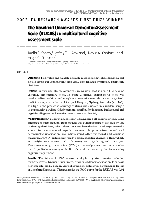 (PDF) The Rowland Universal Dementia Assessment Scale (RUDAS) and the ...