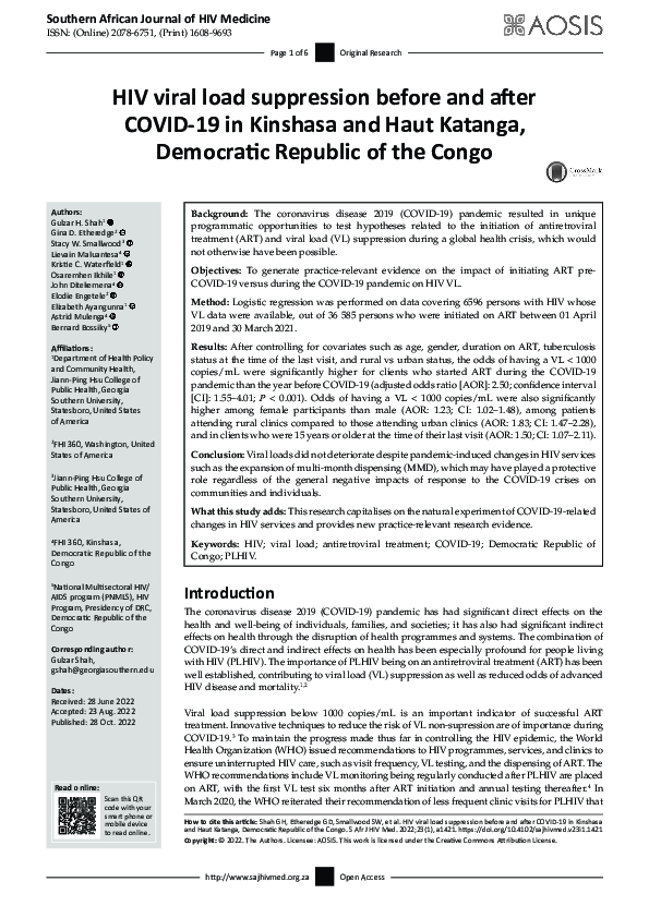 (PDF) HIV viral load suppression before and after COVID-19 in Kinshasa ...