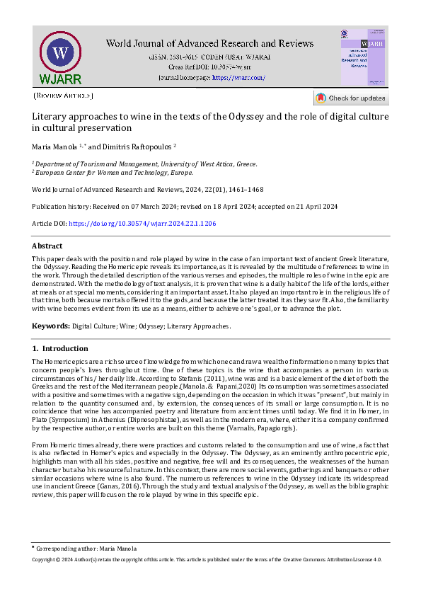 (PDF) Literary approaches to wine-Maria Manola 1, and Dimitris Raftopoulos