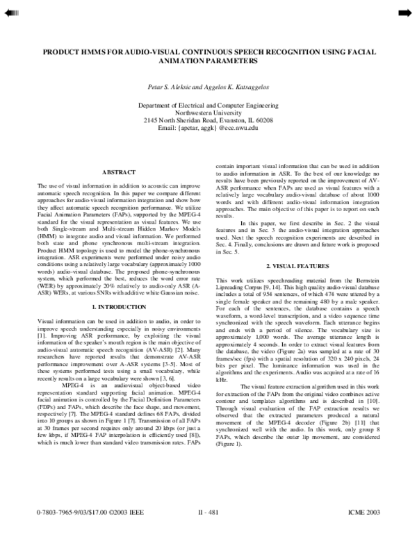 (PDF) Product HMMs for audio-visual continuous speech recognition using ...