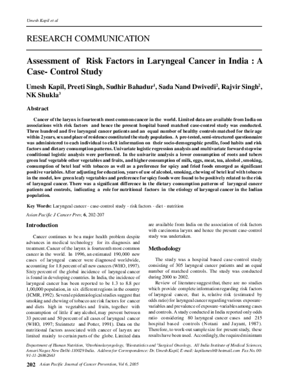 (PDF) Assessment of risk factors in laryngeal cancer in India: a case ...
