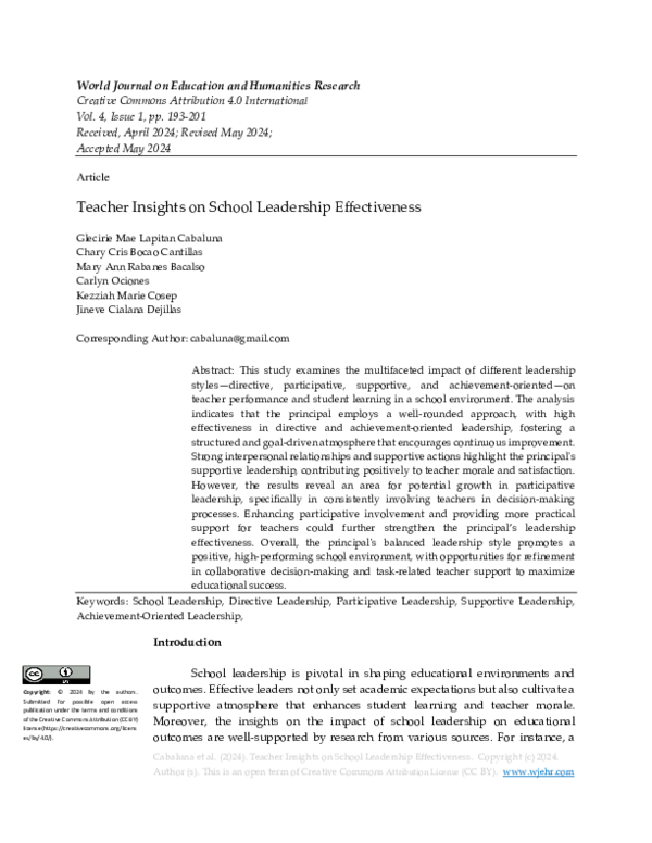 Pdf Teacher Insights On School Leadership Effectiveness
