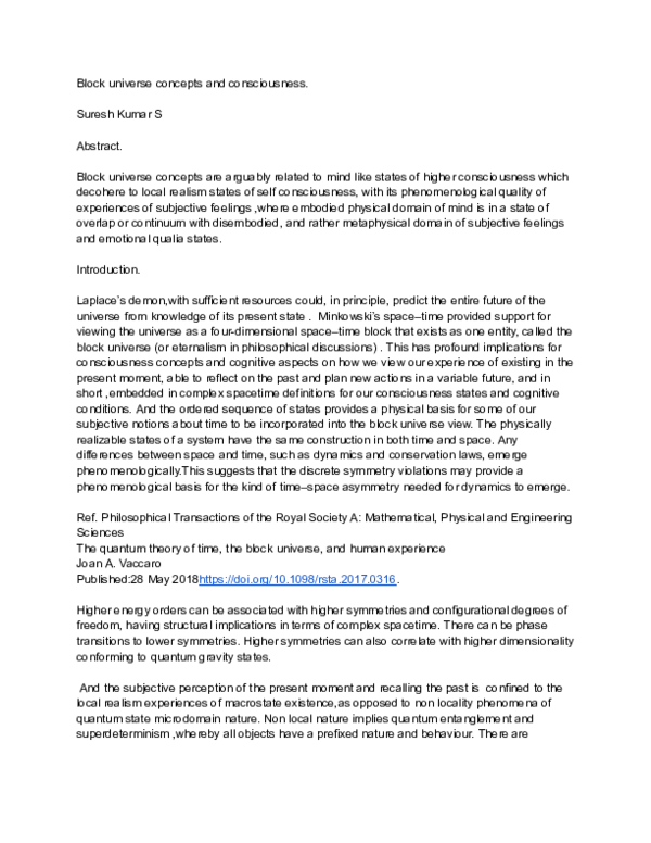 Pdf Block Universe Concepts And Consciousness