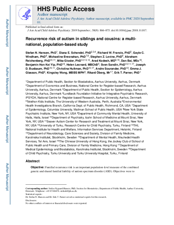 (PDF) Recurrence Risk of Autism in Siblings and Cousins: A ...