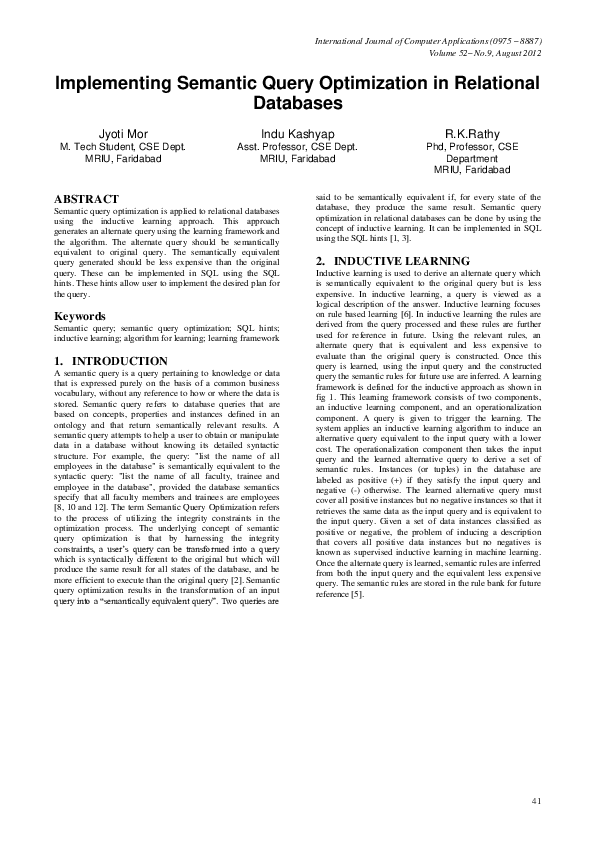 (PDF) Implementing Semantic Query Optimization in Relational Databases